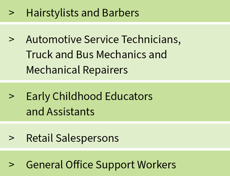 Hairstylists and Barbers; Automotive Service Technicians; Truck and Bus Mechanics and Mechanical Repairers; Early Childhood Educators and Assistants; Retail Salespersons; General Office Support Workers Hairstylists and Barbers; Automotive Service Technicians; Truck and Bus Mechanics and Mechanical Repairers; Early Childhood Educators and Assistants; Retail Salespersons; General Office Support Workers